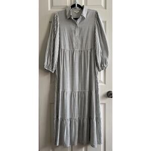 MAX STUDIO LONDON Gray White Striped Tiered Shirt Maxi Dress Sz M Boho Lagenlook